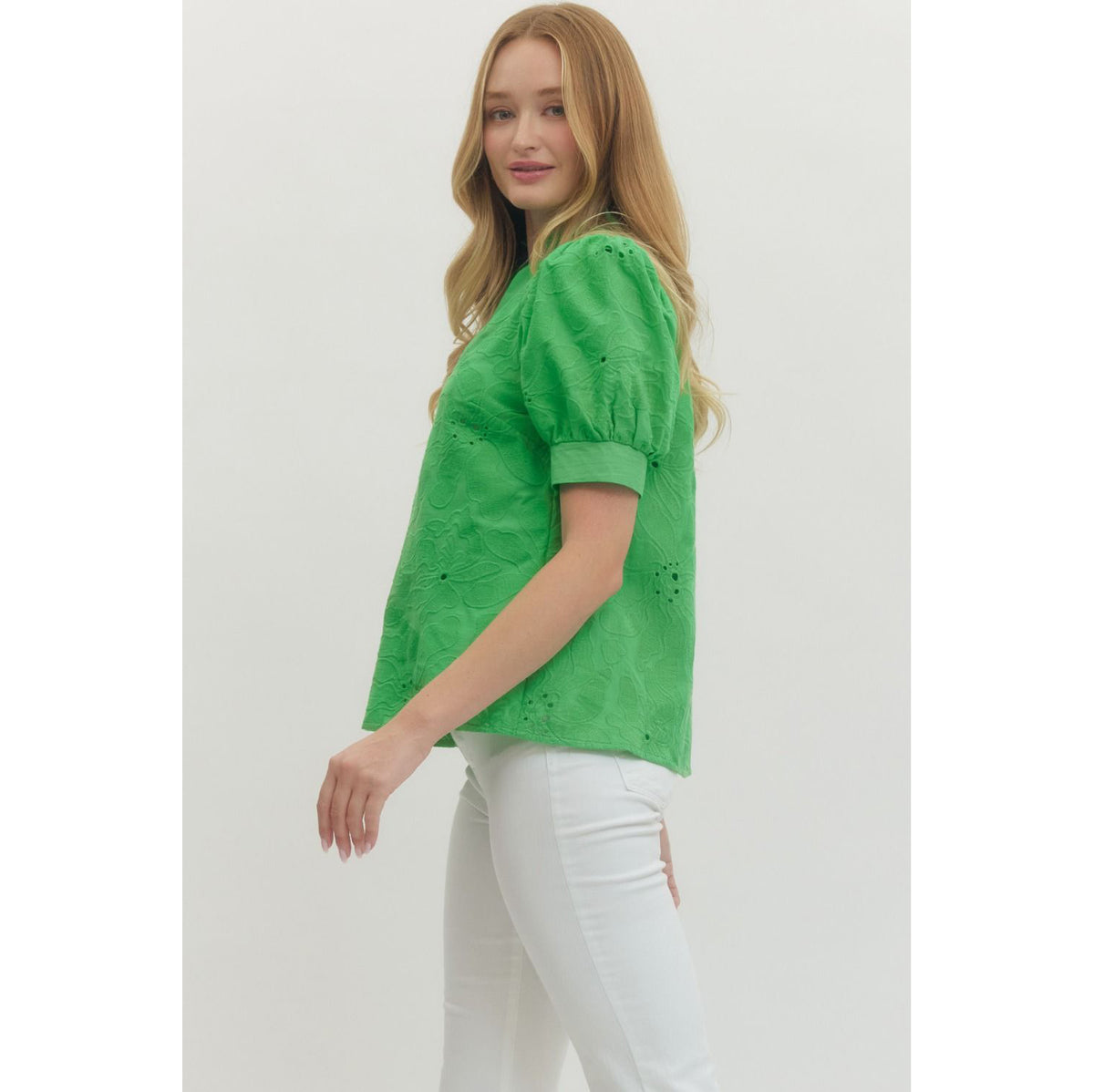 EL - Floral, Embroidered, Short Puff Sleeve Top 6825 - Green