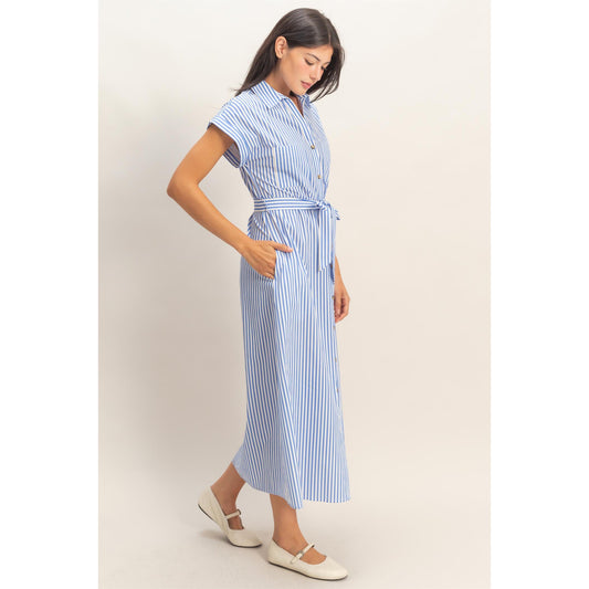 DZ -  Striped, Poplin, Belted, Shirt Dress w Pockets 129 - Blue