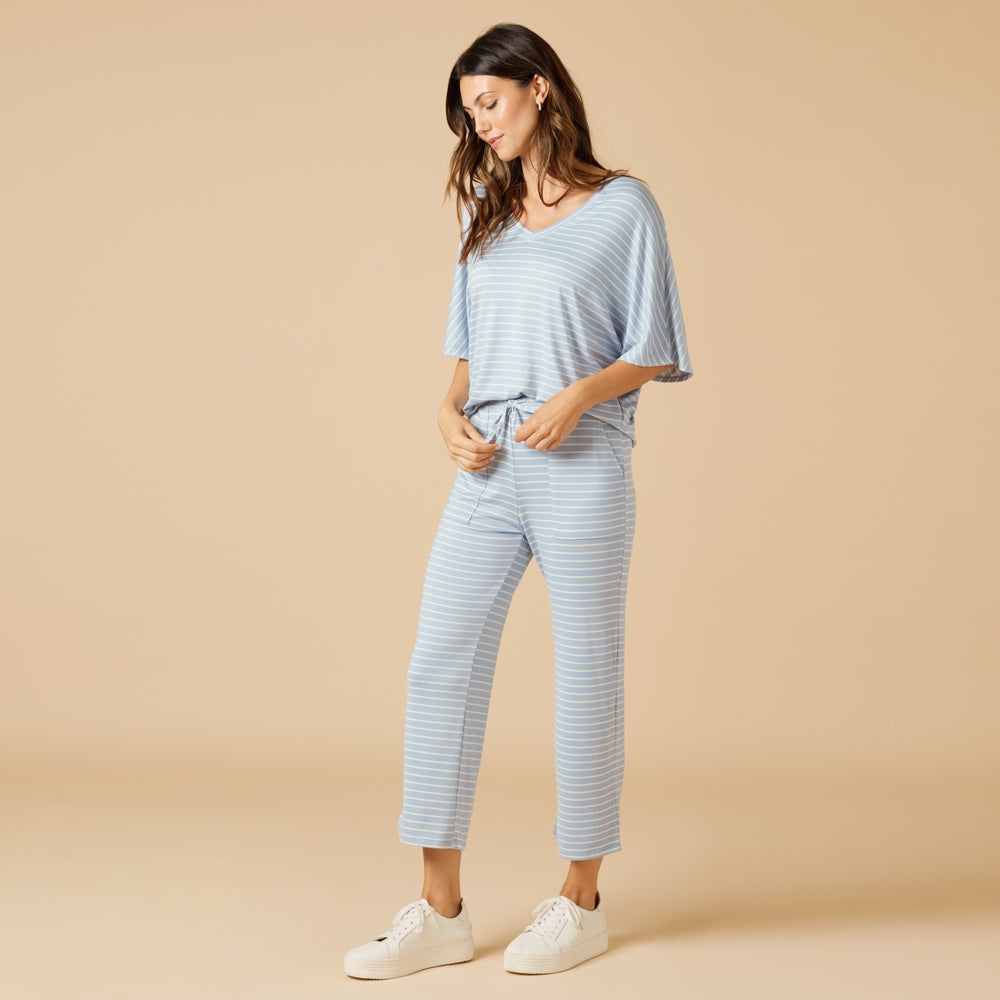 Softies - Sky Blue Striped, Dream Relaxed V-neck with Capri Lounge Set