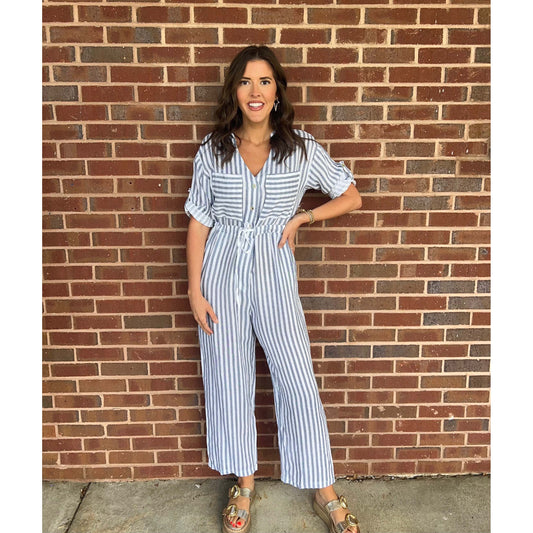 Milio Milano - Pinstripe, Madeira Collar Jumpsuit w Drawstring 4104 - White/Navy