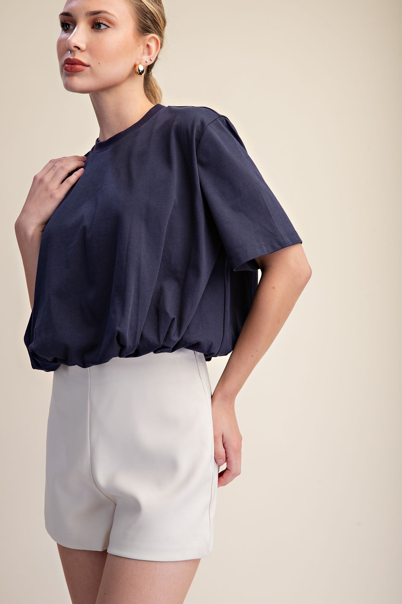 Cropped Bubble Hem T-Shirt Top – Navy