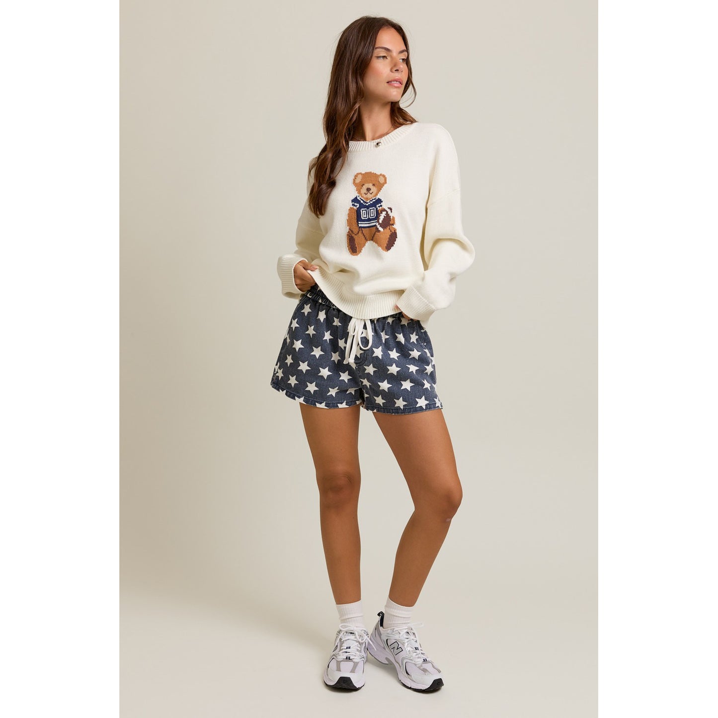 LL - Long Sleeve, Crew Neck, Teddy Bear Sweater 5160 - White / Navy