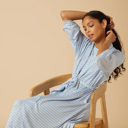 Softies - Sky Blue Striped Robe – Lightweight Tie Waist Lounge wrap