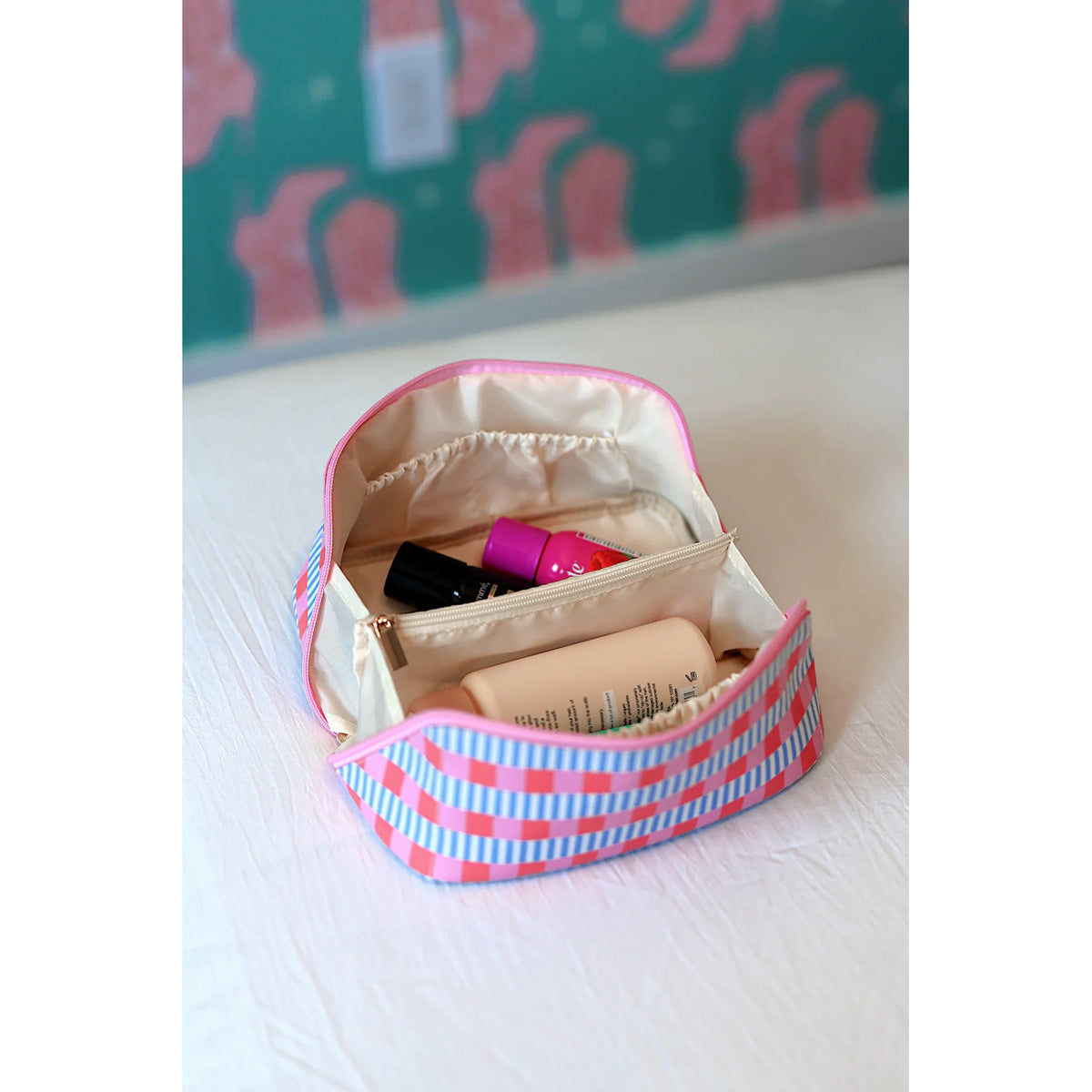 JLB - Cosmetic Bag, Hold All - Blaze, Blue, Pink, Orange Checkered