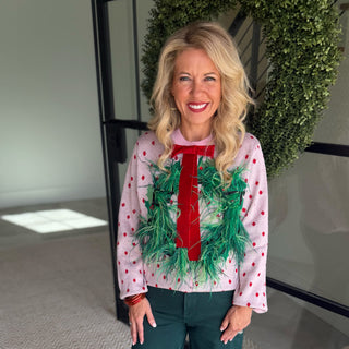 Queen of Sparkles - Pink & Red Polka Dot Wreath Knit Sweater