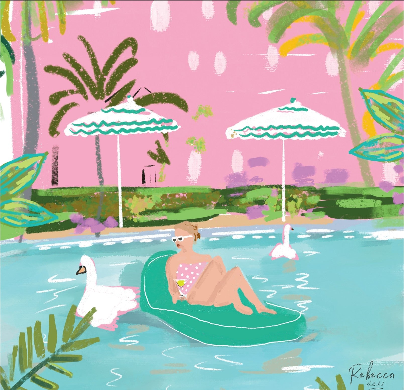 A colorful illustrated poolside scene with a woman lounging on a green float in a turquoise pool, surrounded by white swans, striped umbrellas, palm trees, and a pink sky. The artwork appears to be the product itself rather than a photo of a physical object in a room.