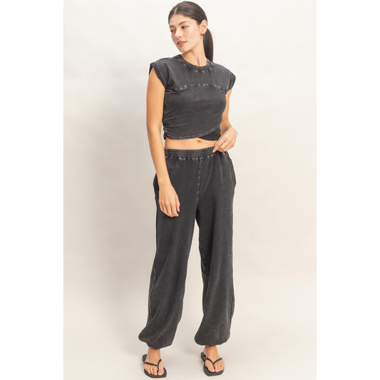 Washed Black Lounge Set – Cropped Tee & Wide Leg Pants 172