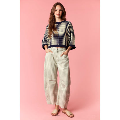 Striped Half Sleeve Oversize Cardigan - Navy / Ivory