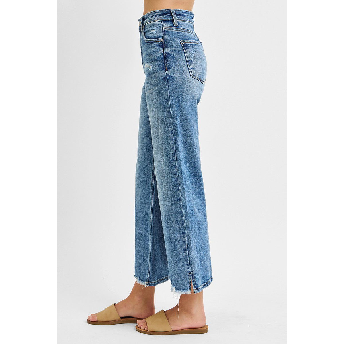 Risen - High Rise, Crop Wide Leg, Side Slit w Fray Hem Jeans 5590 - Medium Blue