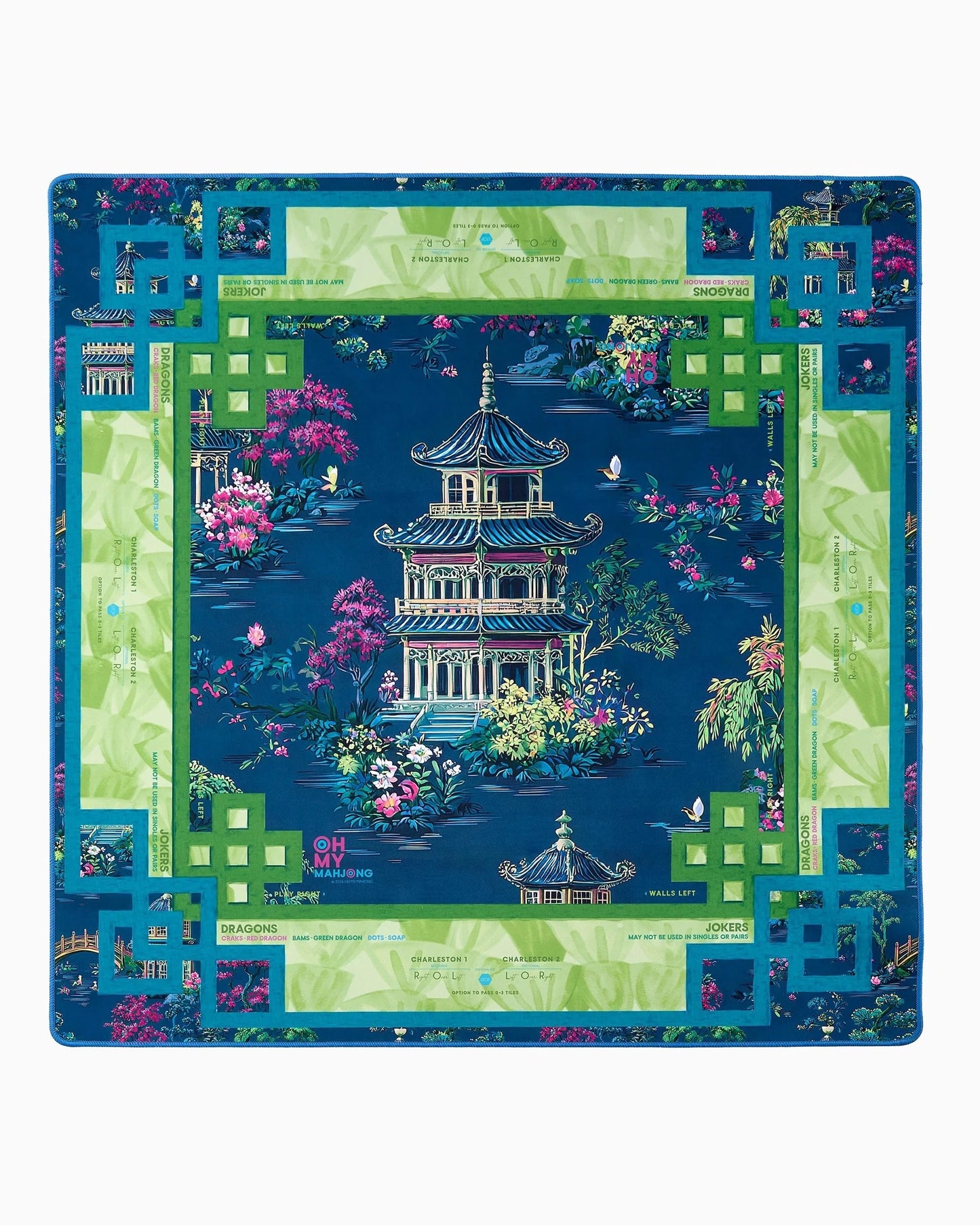 Colorful board game mat with a pagoda design on a blue background