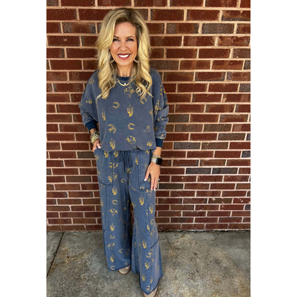 EL - Western Printed, Washed, Terry Pants 0142 - Indigo