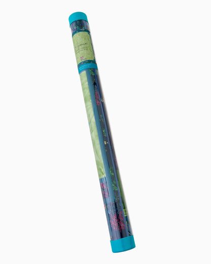 Colorful cylindrical object with a blue cap on a white background