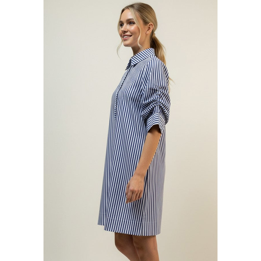 Blue Striped Pleated Sleeve Mini Dress 7062