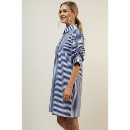 Blue Striped Pleated Sleeve Mini Dress 7062