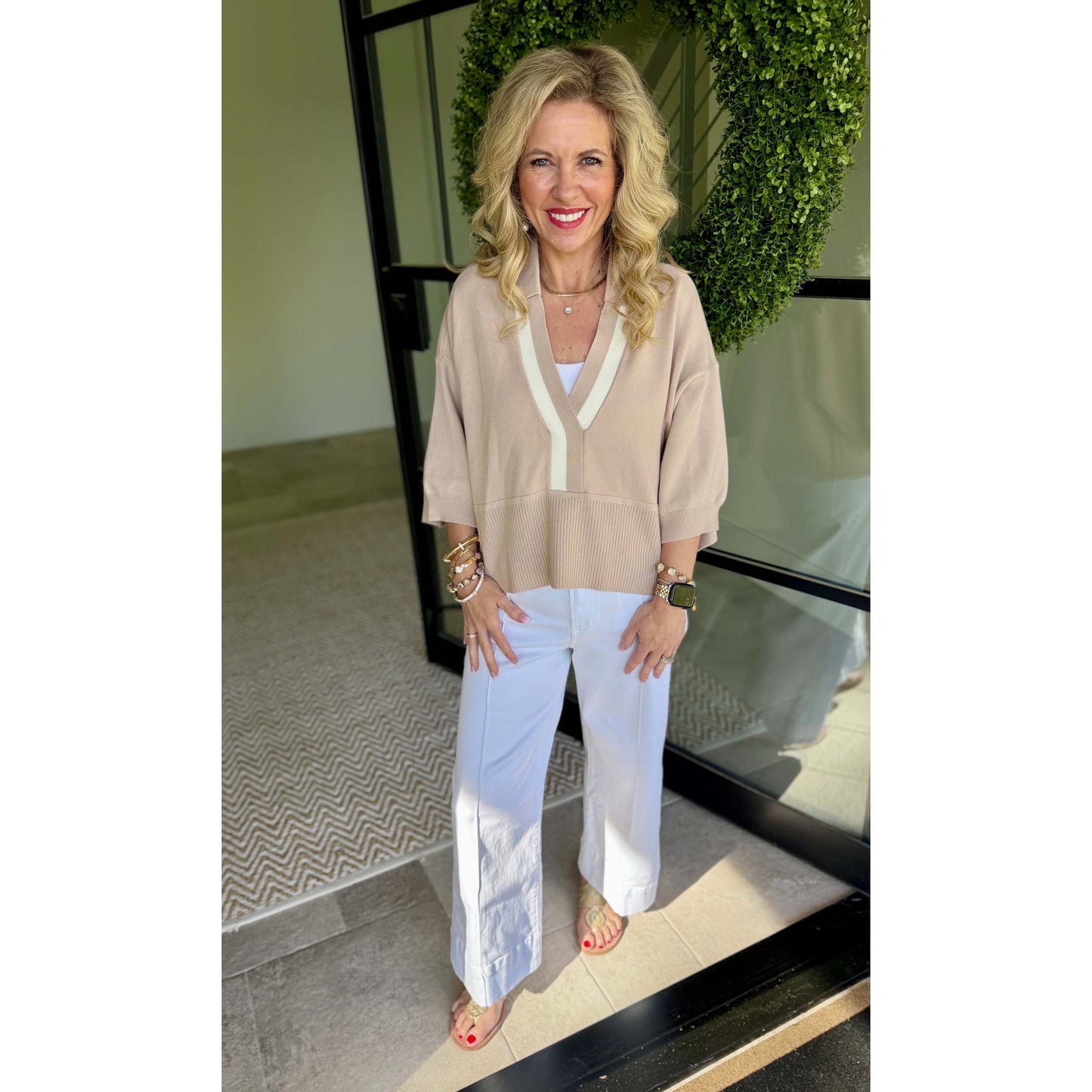 Taupe Contrast Trim Sweater – Loose Fit V-Neck Knit Top - 9684 -