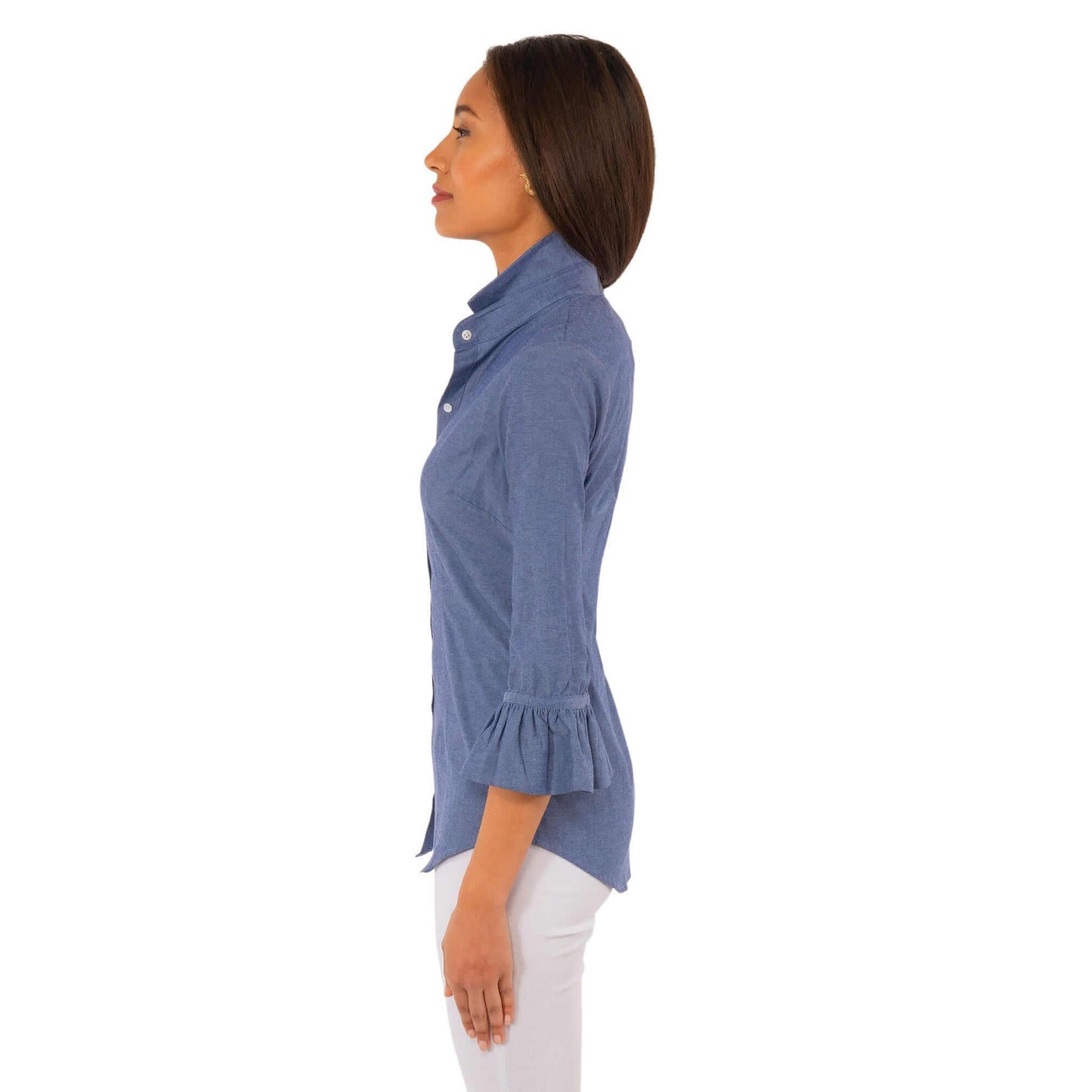 Gretchen Scott - Wash & Wear, Ruffle Detail Blouse Top - Chambray