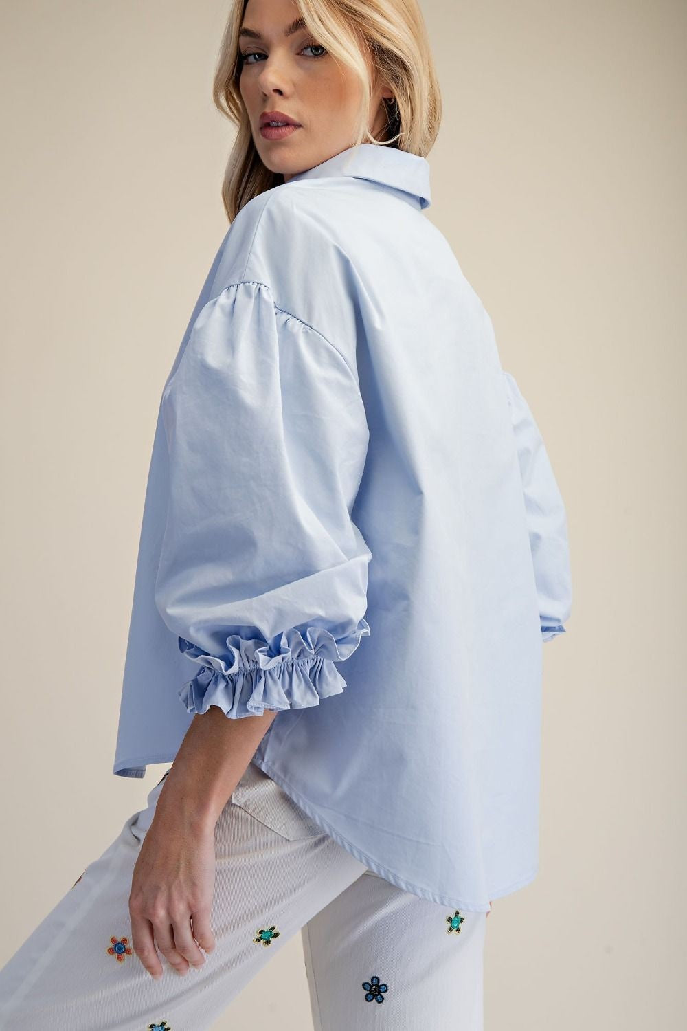 Easel 3/4 Sleeve Balloon Sleeve Poplin Button Down Top – Cotton Blue
