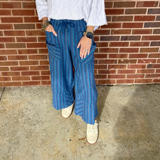 Easel - Textured, High Waist, Wide Leg Pants 0011 - Blue SALE
