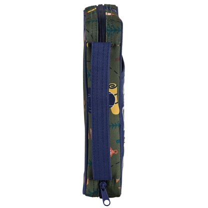 Pencil case with blue zipper and colorful design on a white background