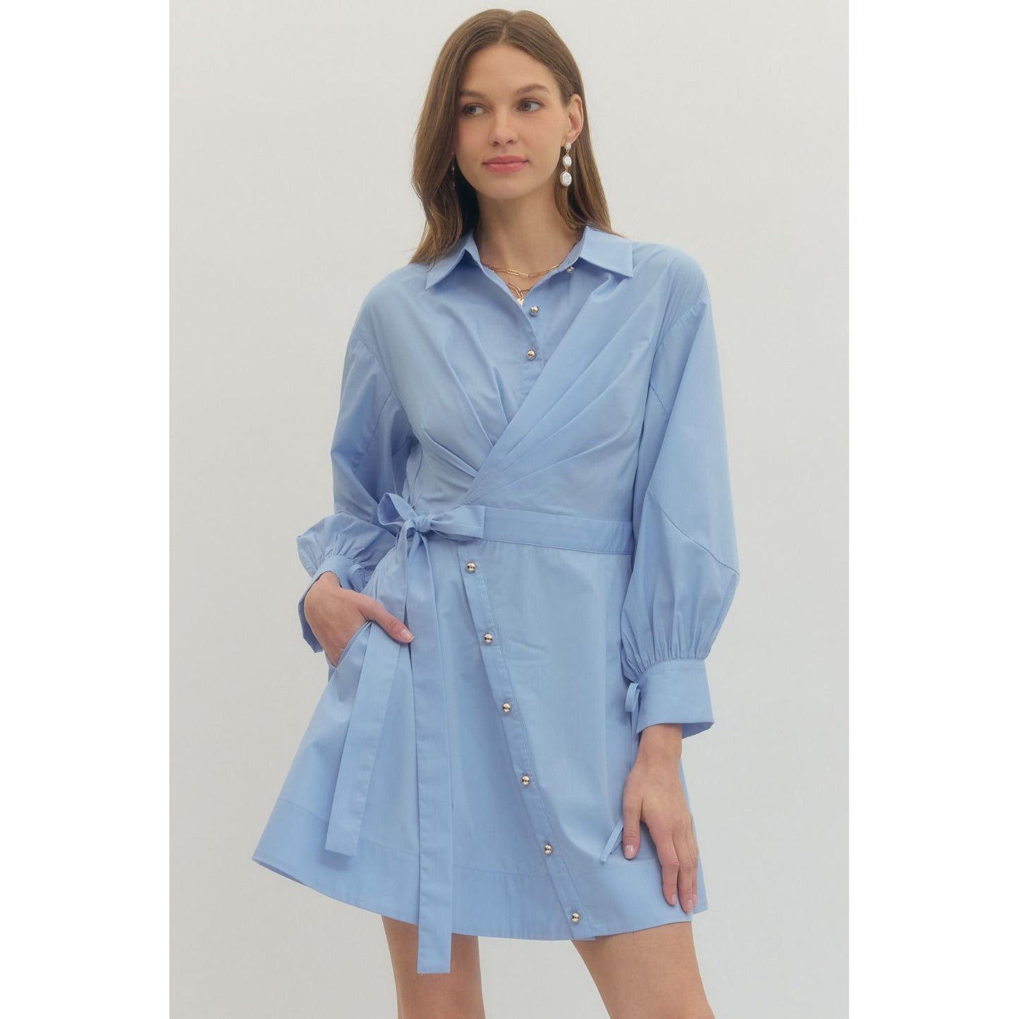 ENTRO -  Long Sleeve Mini Wrap Dress - 0660 - Chambray