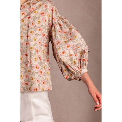 BYC - Printed, Cotton, Peasant Blouse w Knotted String, Top 1102 - Cream