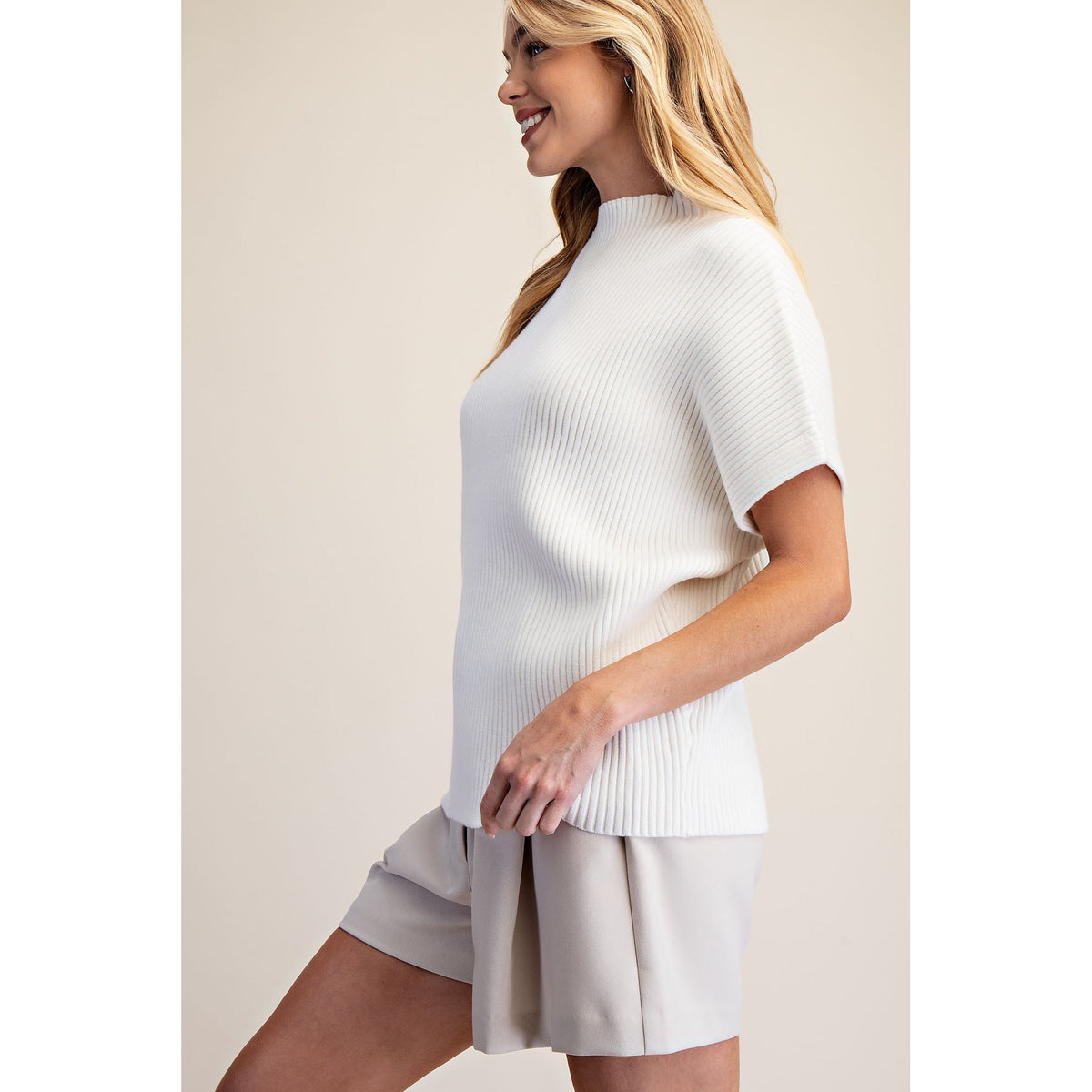 GM - Mock Neck, Ribbed, Oversized Pullover Sweater Top 9774 - White