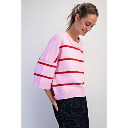 Softest Luxe Striped Crew Sweater Top 0107 - Taffy Pink/Red
