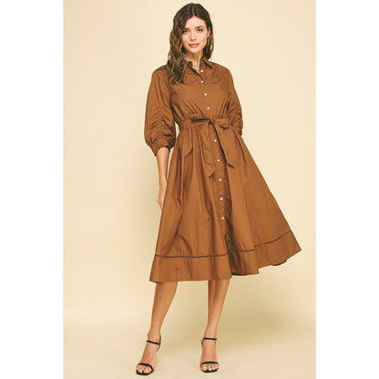 Pinch - Eyelet Detailed, Button Down, Midi Dress 6566 - Brown