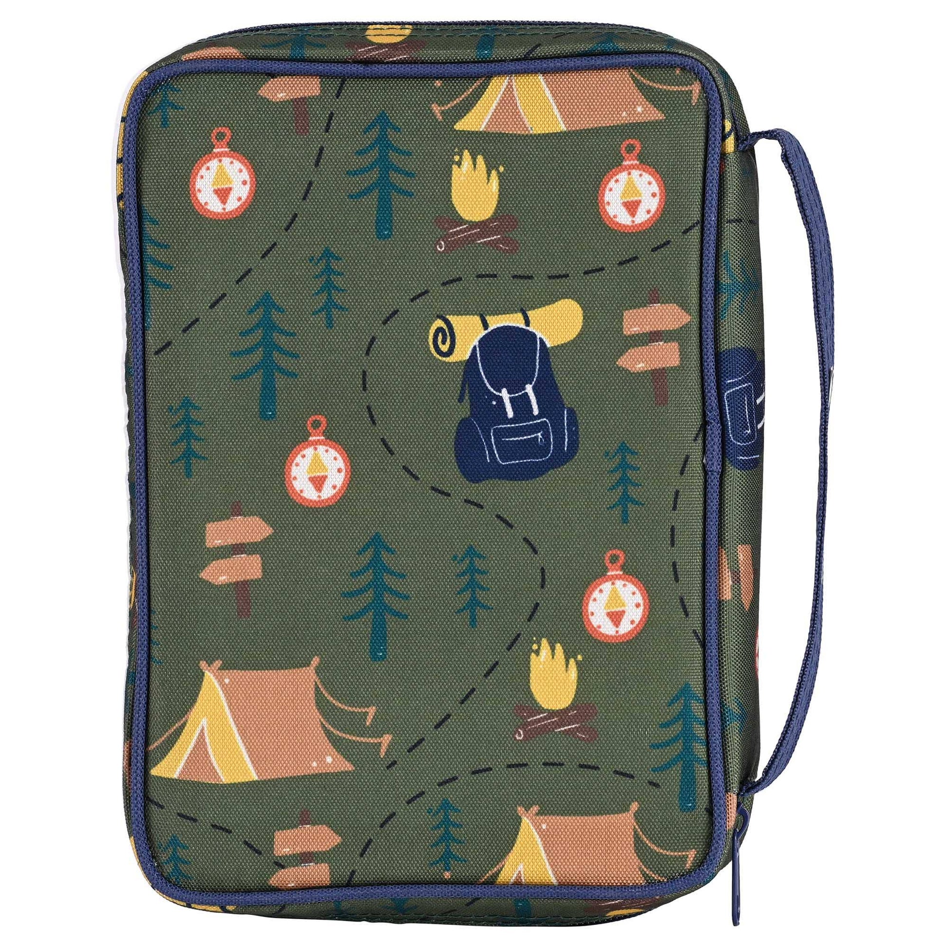 Green travel bag with camping-themed pattern on a white background