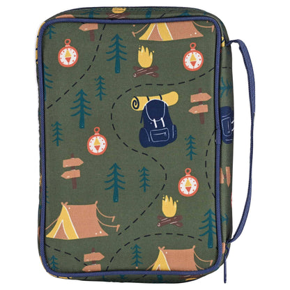 Green travel bag with camping-themed pattern on a white background