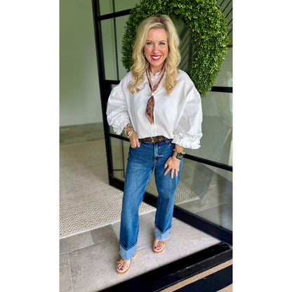 Easel 3/4 Sleeve Balloon Sleeve Poplin Button Down Top – White