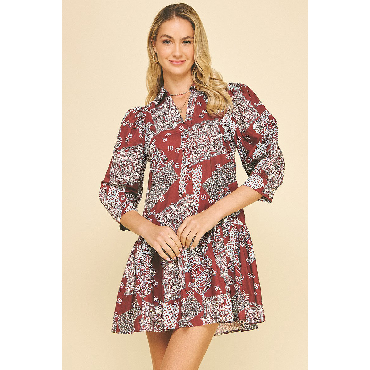 Pinch - Printed, Tiered, Mini Dress 6240 - Burgundy