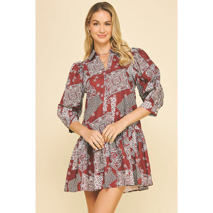 Pinch - Printed, Tiered, Mini Dress 6240 - Burgundy