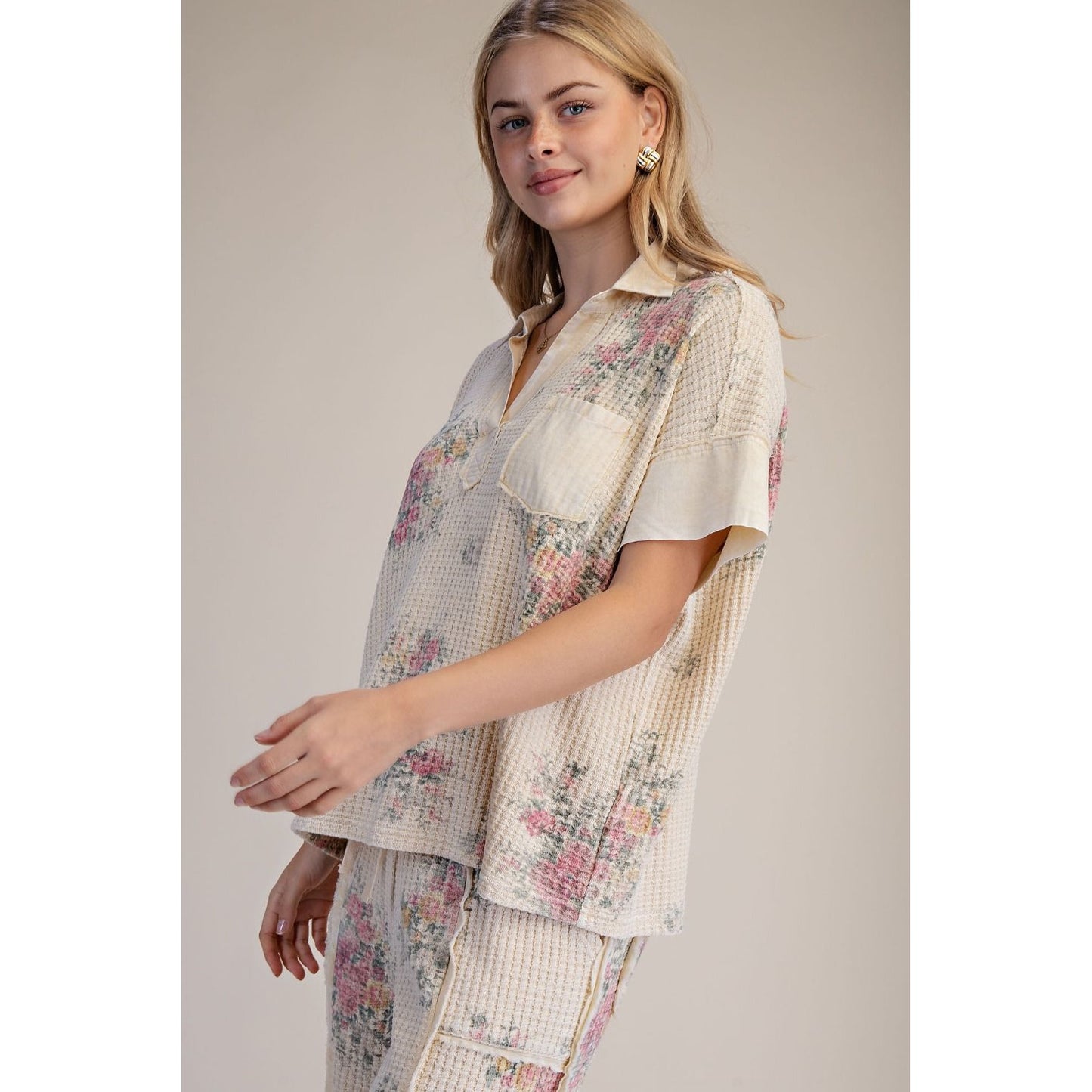 Vintage Floral Waffle Knit Lounge Set 1903/0221 - Natural