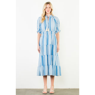 THML - Puff Sleeve, Striped Pattern, Midi Dress 3431 - Blue
