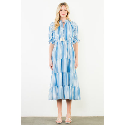 THML - Puff Sleeve, Striped Pattern, Midi Dress 3431 - Blue