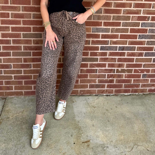 Risen - Slouchy, Crop Barrel Jeans w Drawstring Waistband 1711 - Brown Leopard