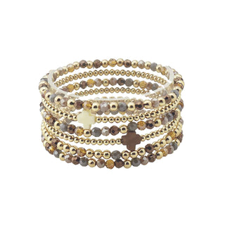 Brown Crystal with Gold and Cross Set of 6 Stretch Bracelets