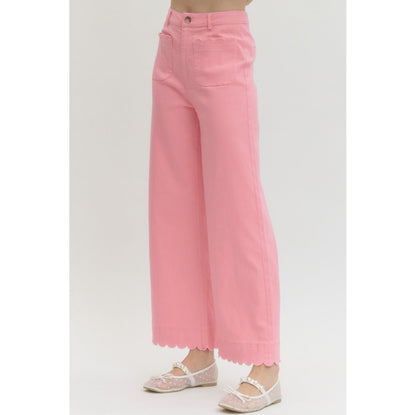 Pink Scallop Trim Wide Leg Pants – High Waist Statement Trousers 9031