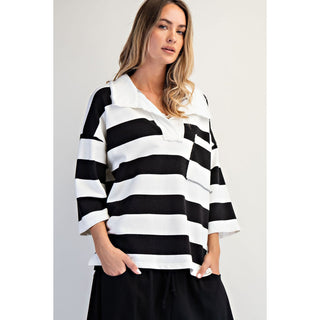 Oversized Striped Rugby Polo Sweatshirt 9015 - Black / White
