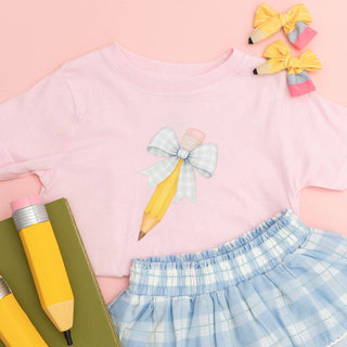 Blue Plaid Pencil Bow Short Sleeve T-Shirt - Back To School - SALE