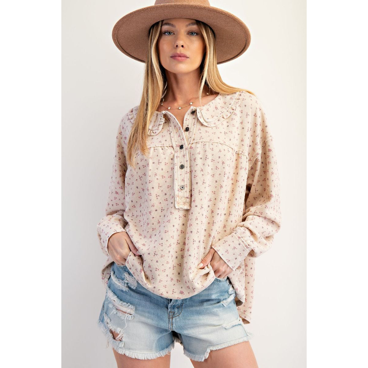 EL - Floral Print, Thermal Washed Top 7243 - Ecru