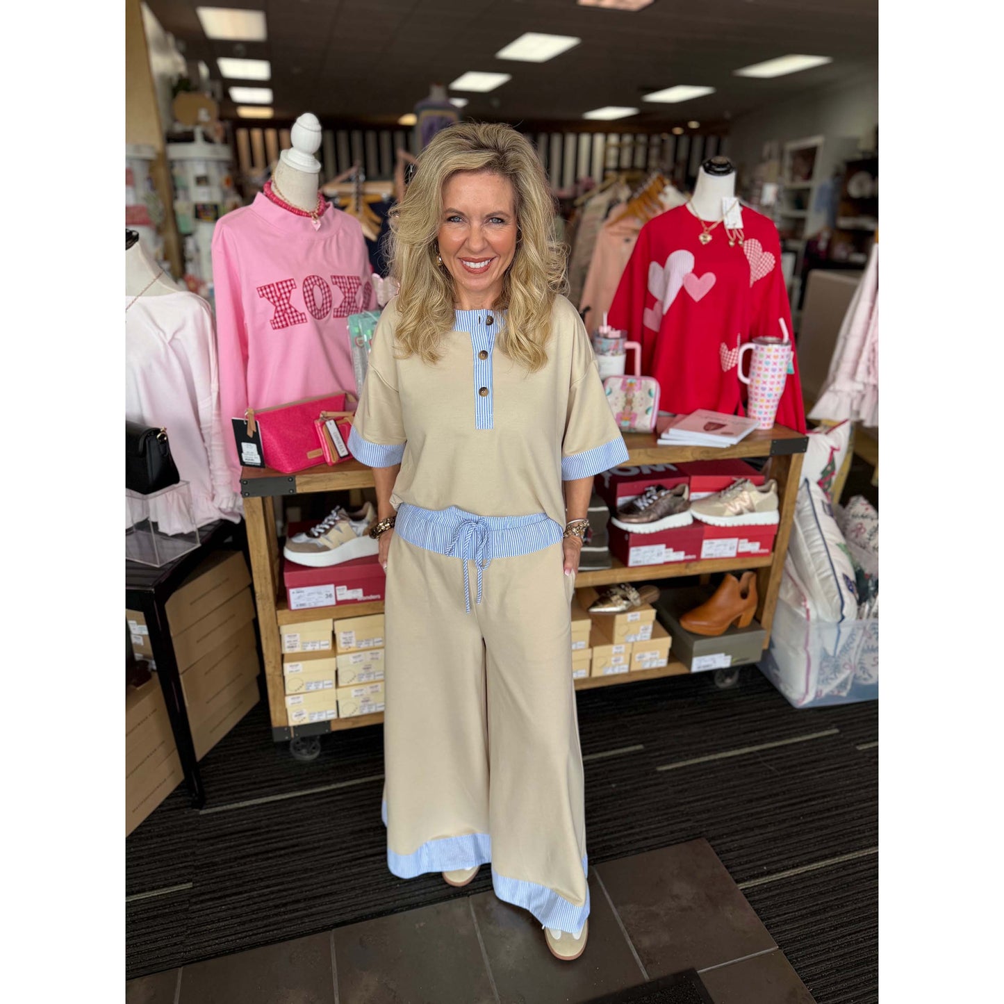 Contrast-trim Henley Top And Pants Set - Ivory