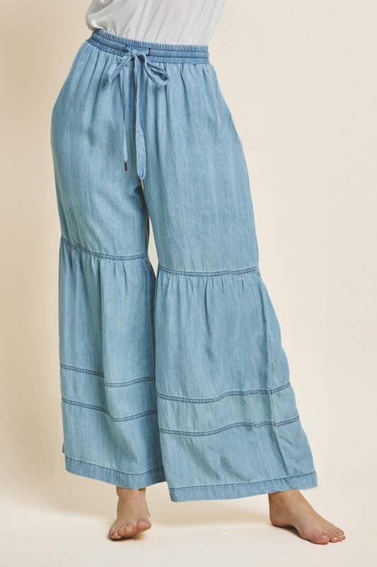 Washed Denim Tiered Wide Leg Pants 7002 - Light Denim
