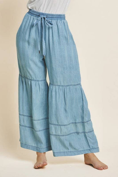 Washed Denim Tiered Wide Leg Pants 7002 - Light Denim