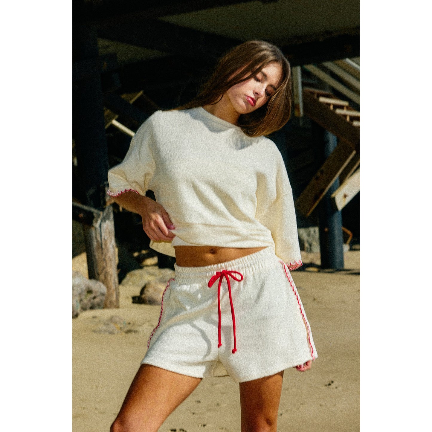 BL - Oversized Cropped Sweatshirt & Bow Tie Shorts Set 2917 - Cream/Red