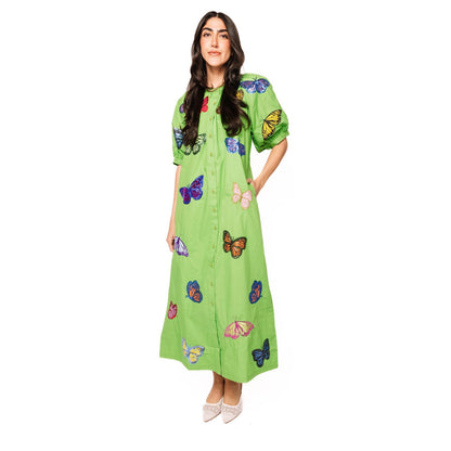Queen of Sparkles - Multi Butterfly Button Up Cotton Midi Dress - Green
