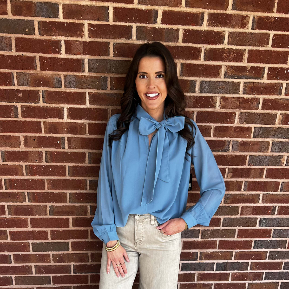 RDI - Rae, Long Sleeve, V-Neck, Collar Tie Top 042 - Smoke Blue.