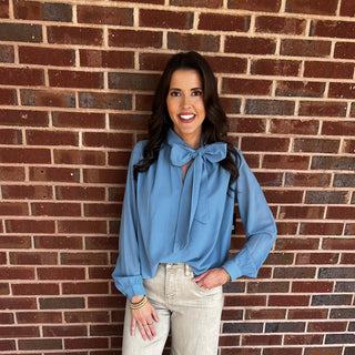 RDI - Rae, Long Sleeve, V-Neck, Collar Tie Top 042 - Smoke Blue.