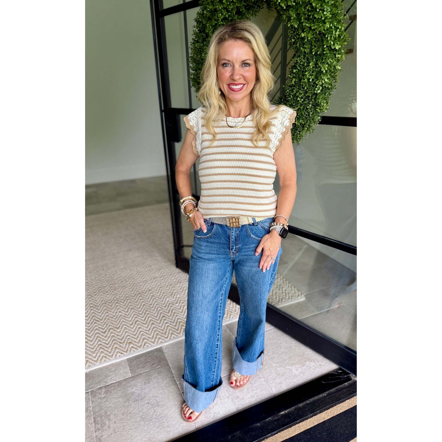 Striped Crochet Knit Tank – Cream & Tan Ruffle Sleeve Sweater Top 037